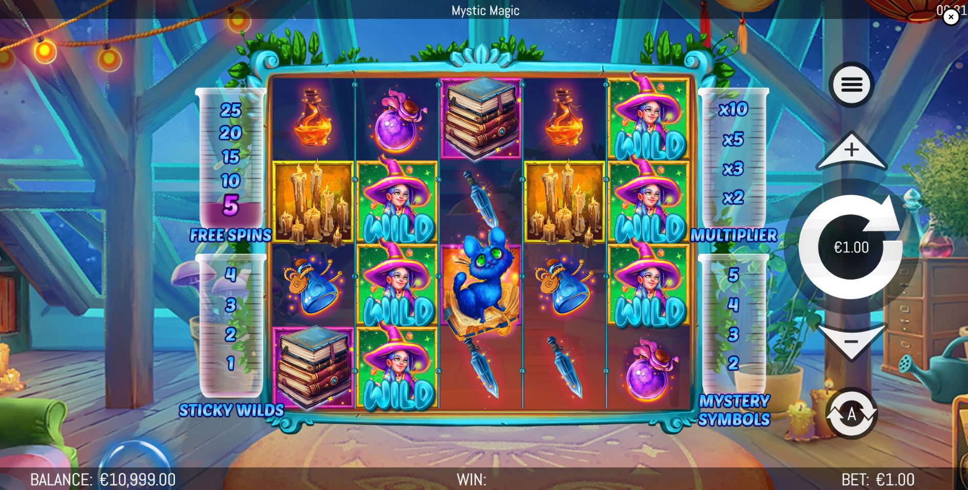 The base game view of the Mystic Magic slot, showing the 5x4 reel layout and the four potion collection beakers.