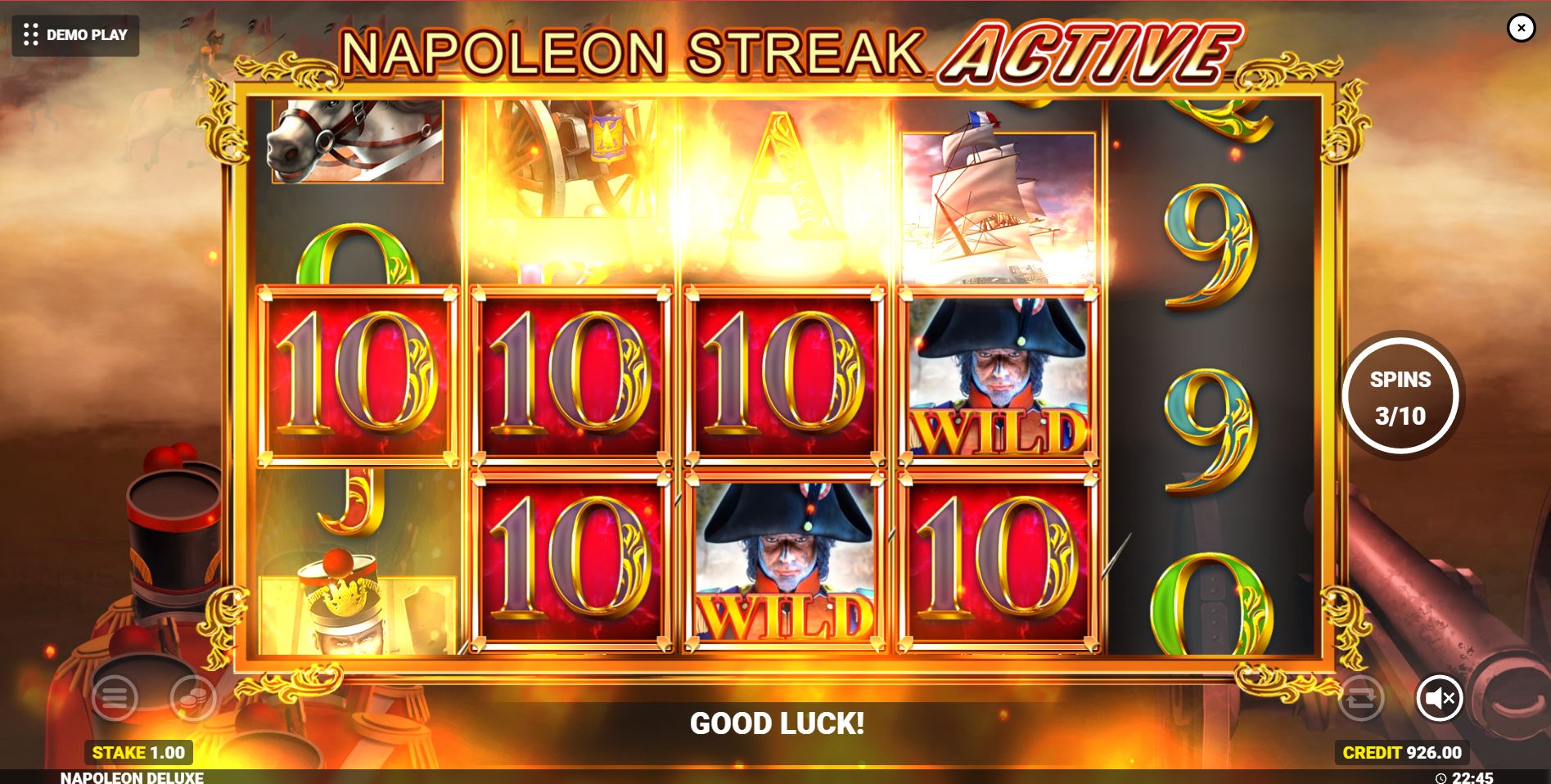 The Napoleon Streak feature in action during free spins, with winning symbols locked in place for a respin.