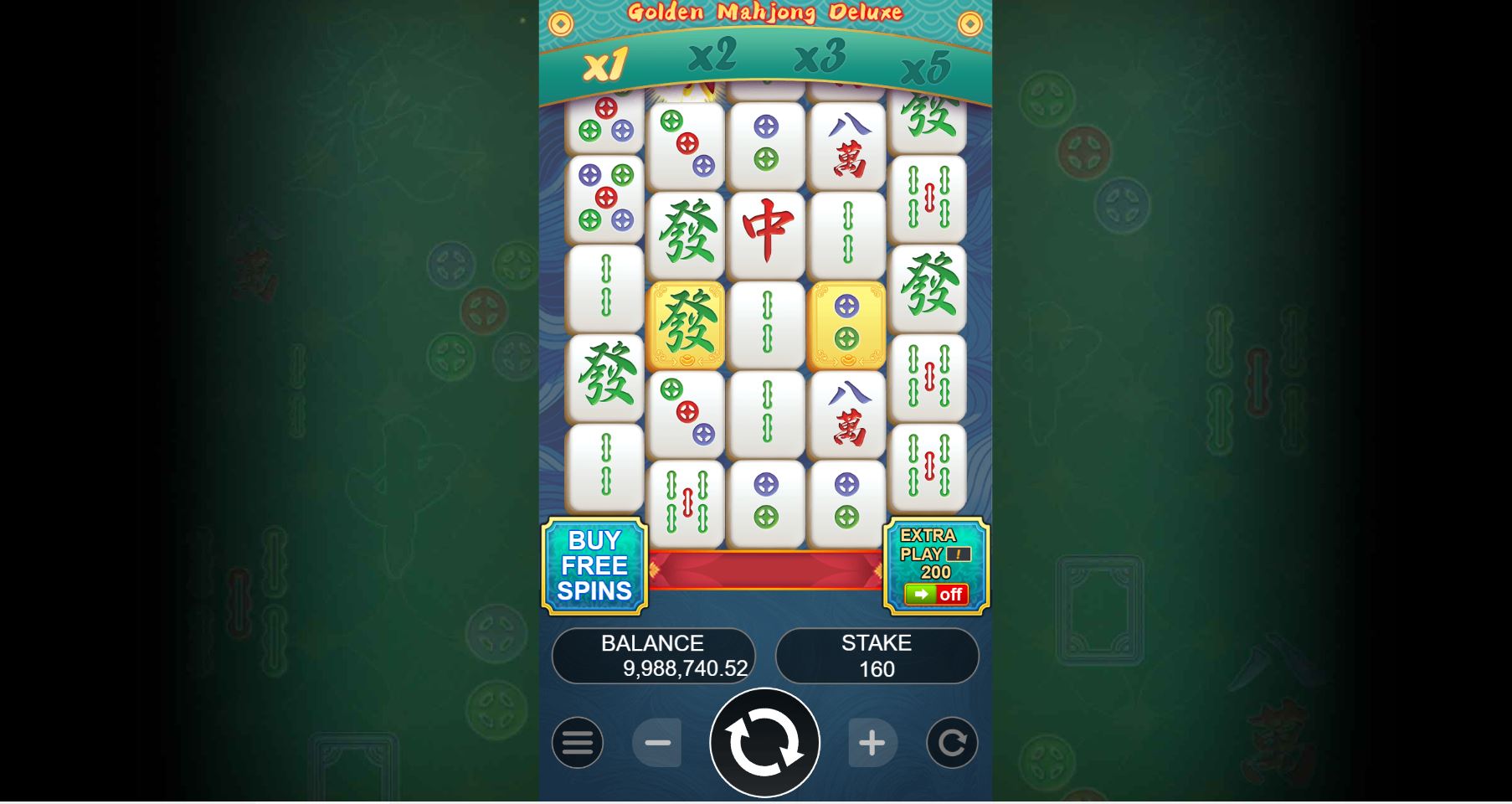 The base game grid of Golden Mahjong Deluxe slot, showcasing its unique 4-5-5-5-4 layout and Asian-themed symbols.