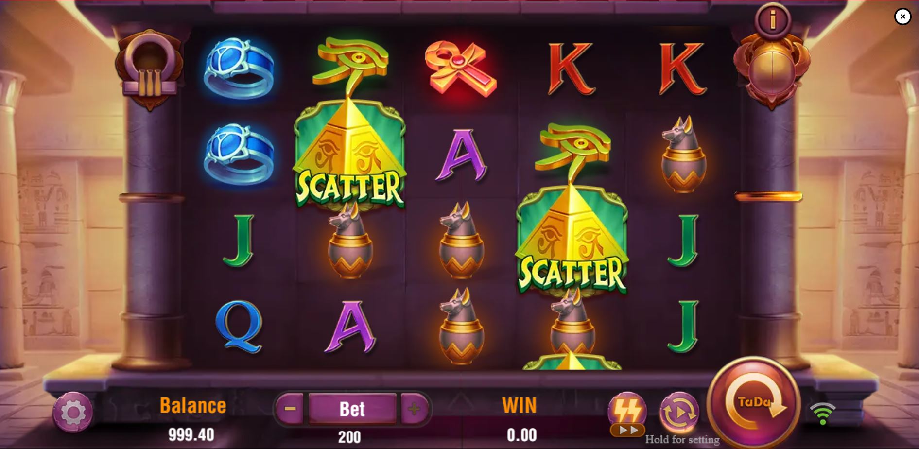 The base game grid of the Rise of Egypt slot, showing the 5x4 reel layout and Egyptian-themed symbols.