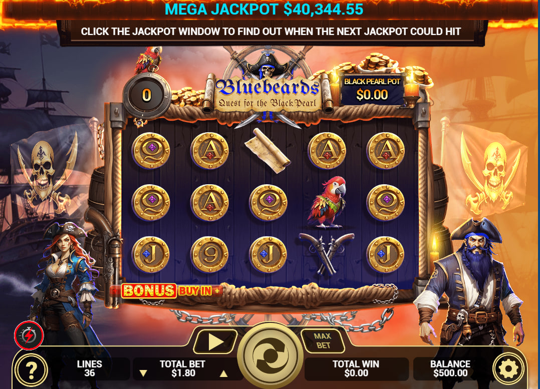 Main 5x3 reel grid of Bluebeards slot featuring pirate symbols and the progressive Mega Jackpot ticker for real-time prize tracking.
