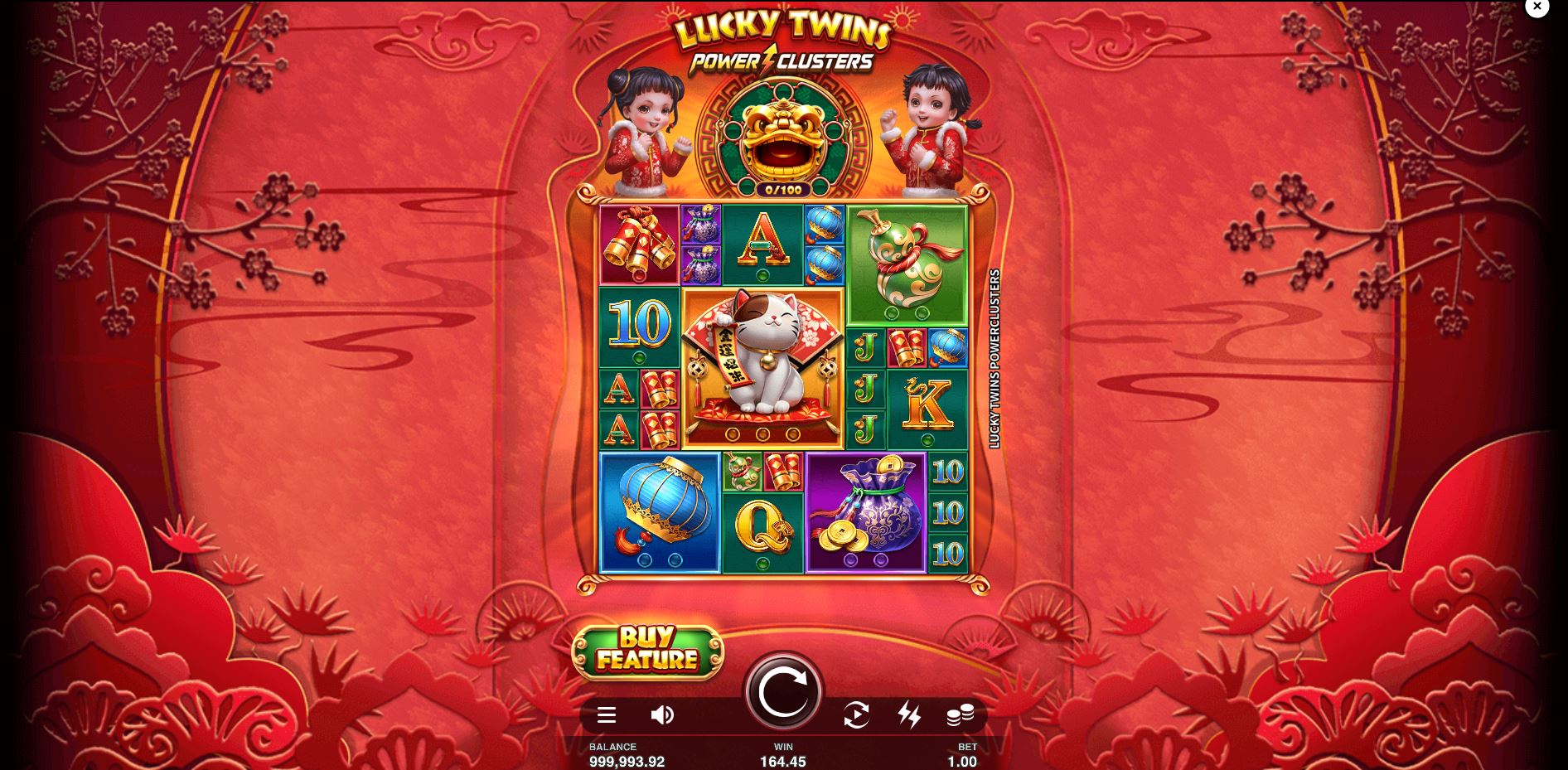 The main game grid of Lucky Twins PowerClusters slot, showing the 5x5 layout with various Asian-themed symbols.