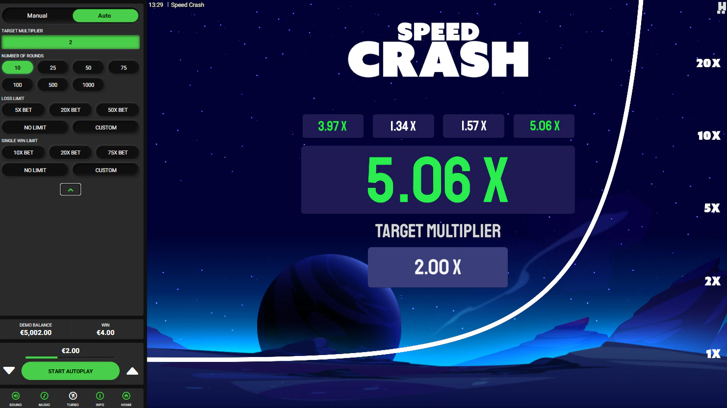 The advanced autoplay settings menu in Speed Crash, allowing players to set loss limits and single win limits for strategic sessions.