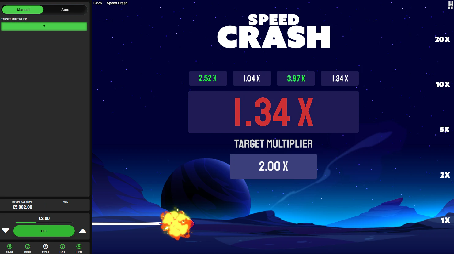 A losing round in Speed Crash where the rocket crashes at 1.40x, failing to reach the player's 2.00x target multiplier.