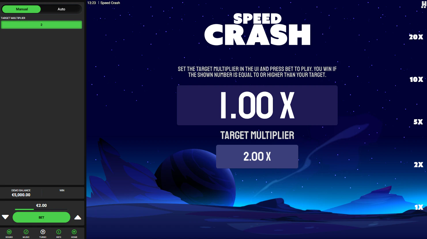 The user interface of Speed Crash, where a player is setting the target multiplier to 2.00x before placing a bet.