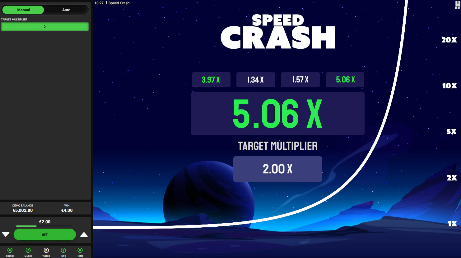 A successful win in the Speed Crash game, with the multiplier reaching 5.06x, surpassing the 2.00x target for a payout.