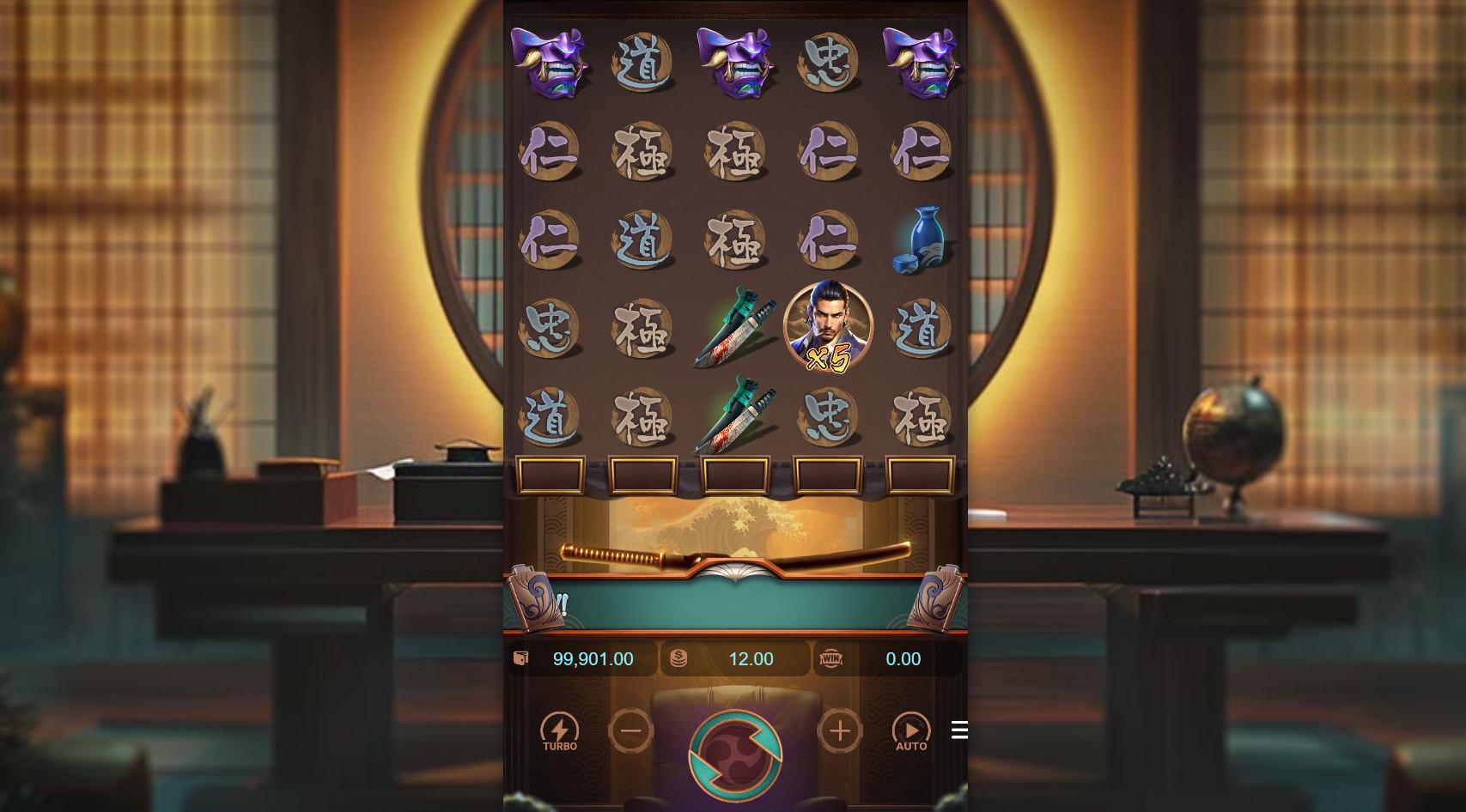 The 5x5 grid of the Yakuza Honor slot, displaying the character and item symbols before a spin, showcasing the game's initial layout.