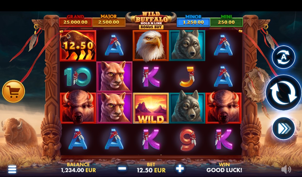 The 5x4 reel layout of the Wild Buffalo Hold 'N' Link slot during base gameplay, showing wildlife symbols and controls.