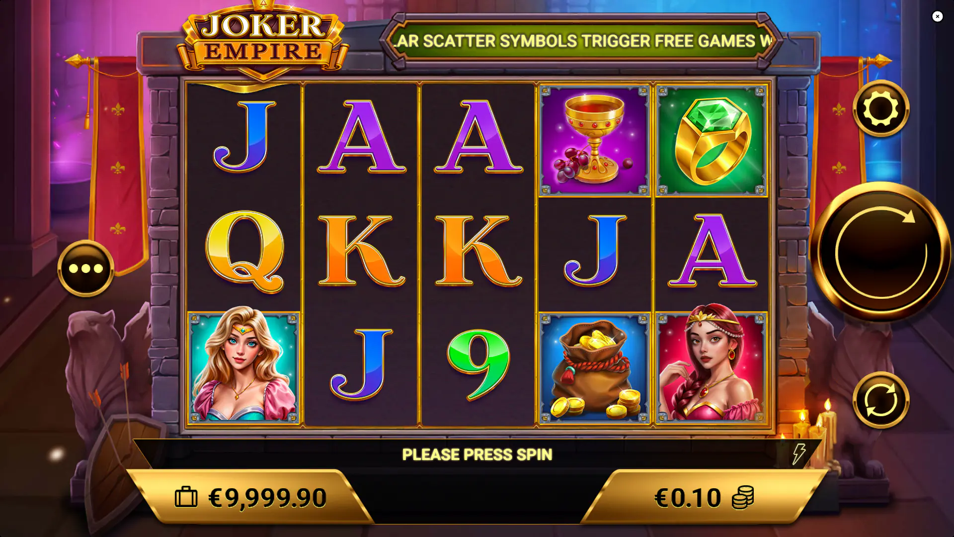 Base game screen in Joker Empire showing the 5x3 reel layout and joker theme that define the slot's core view