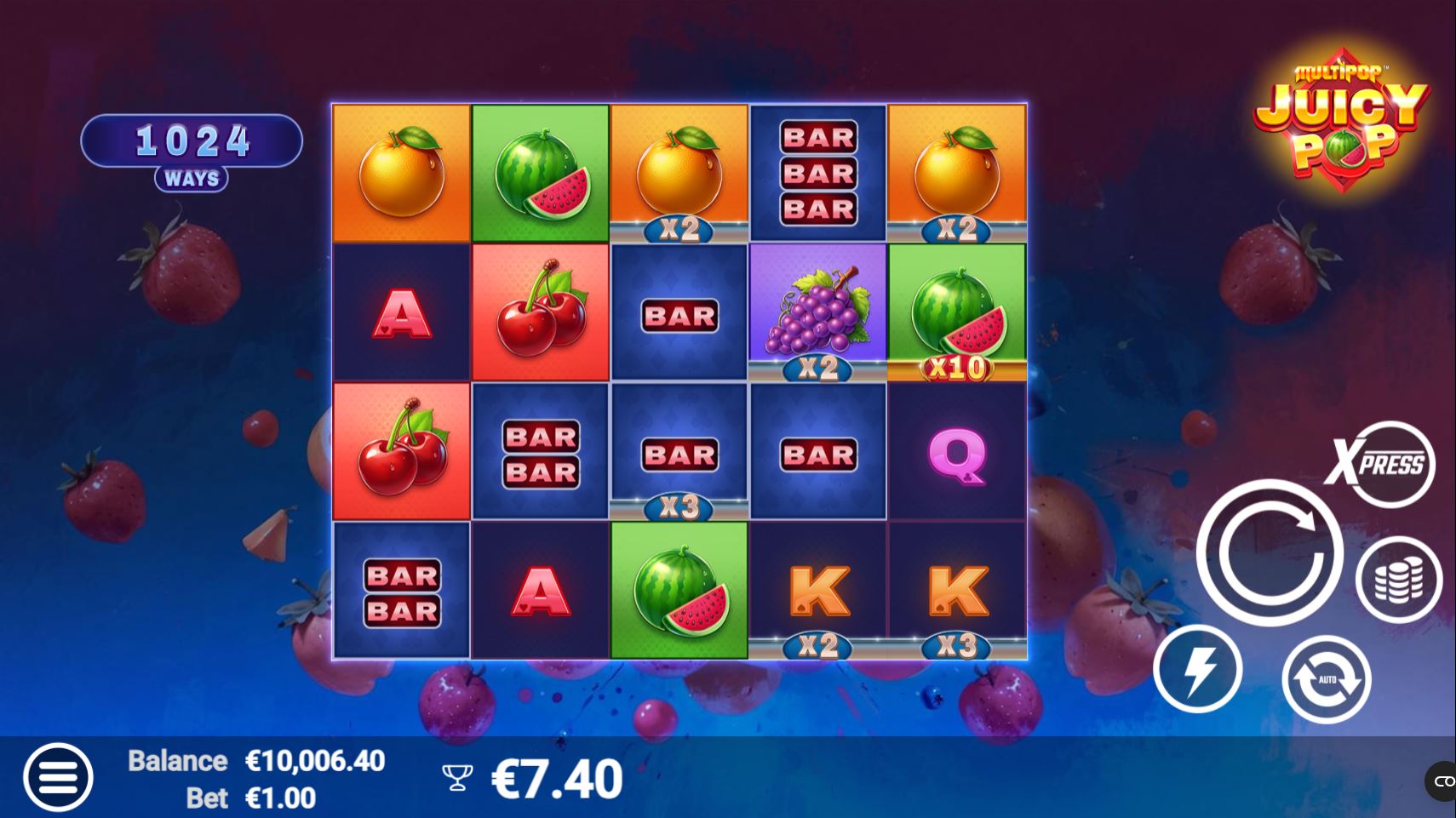 The base game grid of the JuicyPop slot, showing the initial 5x4 layout and 1024 ways to win.