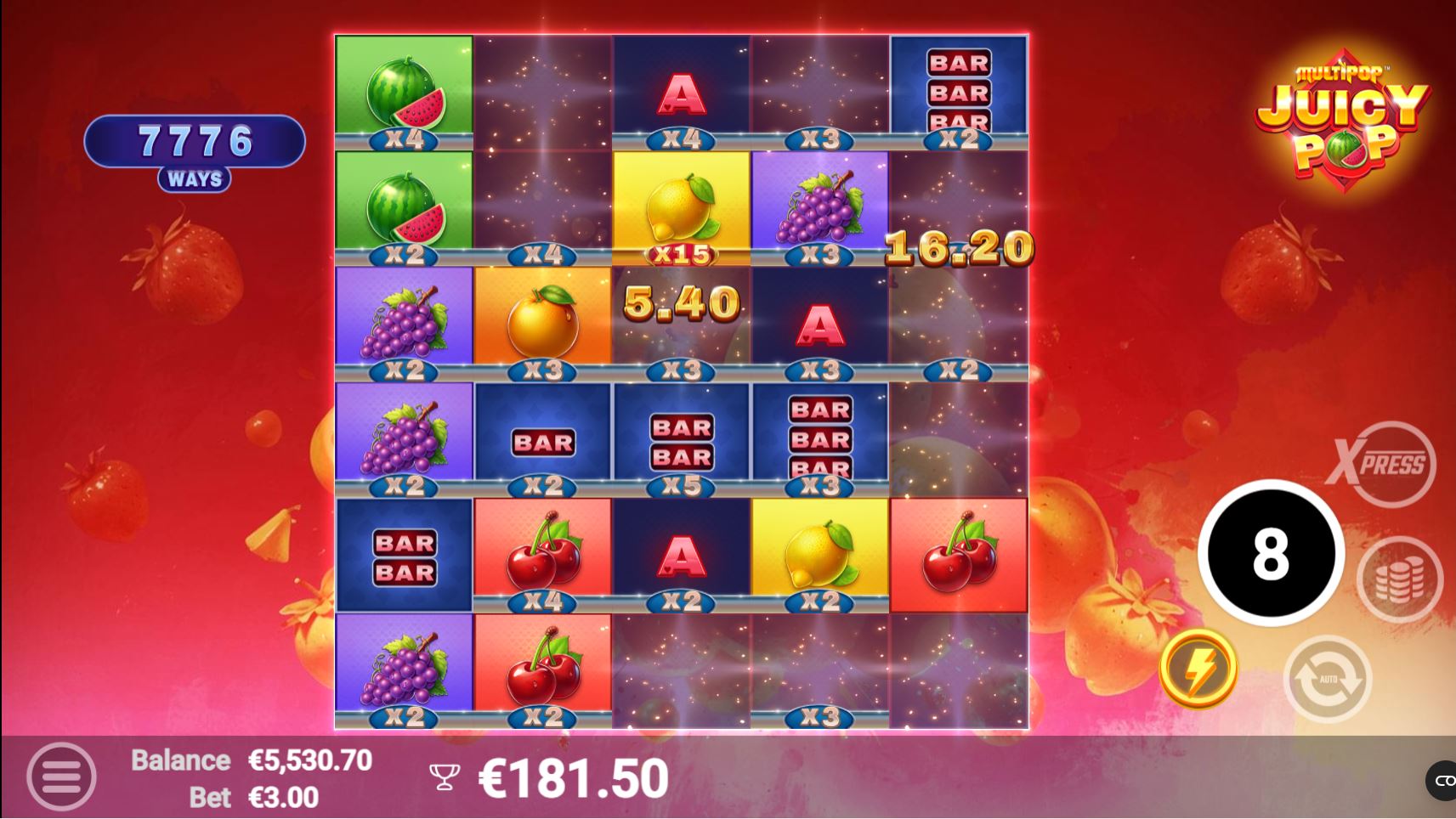 The expanded reel set during the JuicyPop free spins bonus round, offering more ways to win.