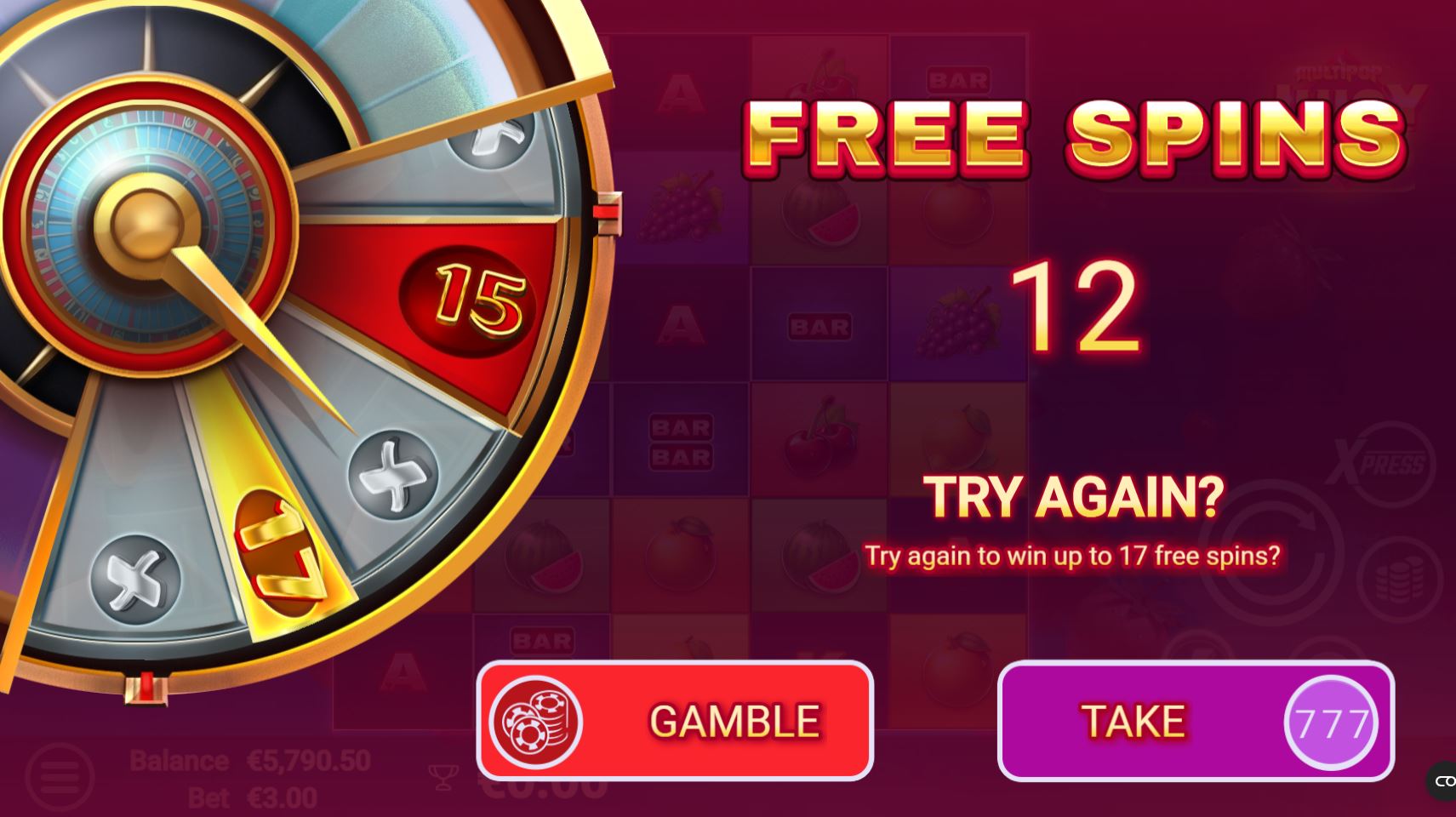 The Gamble Wheel feature in JuicyPop, offering a chance to win more free spins.