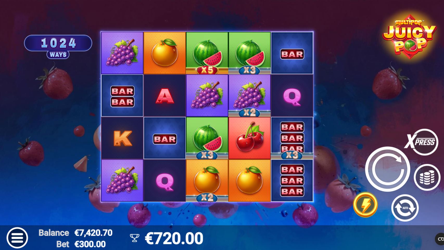 The MultiPop feature active in the JuicyPop game, with multipliers shown on several grid cells.