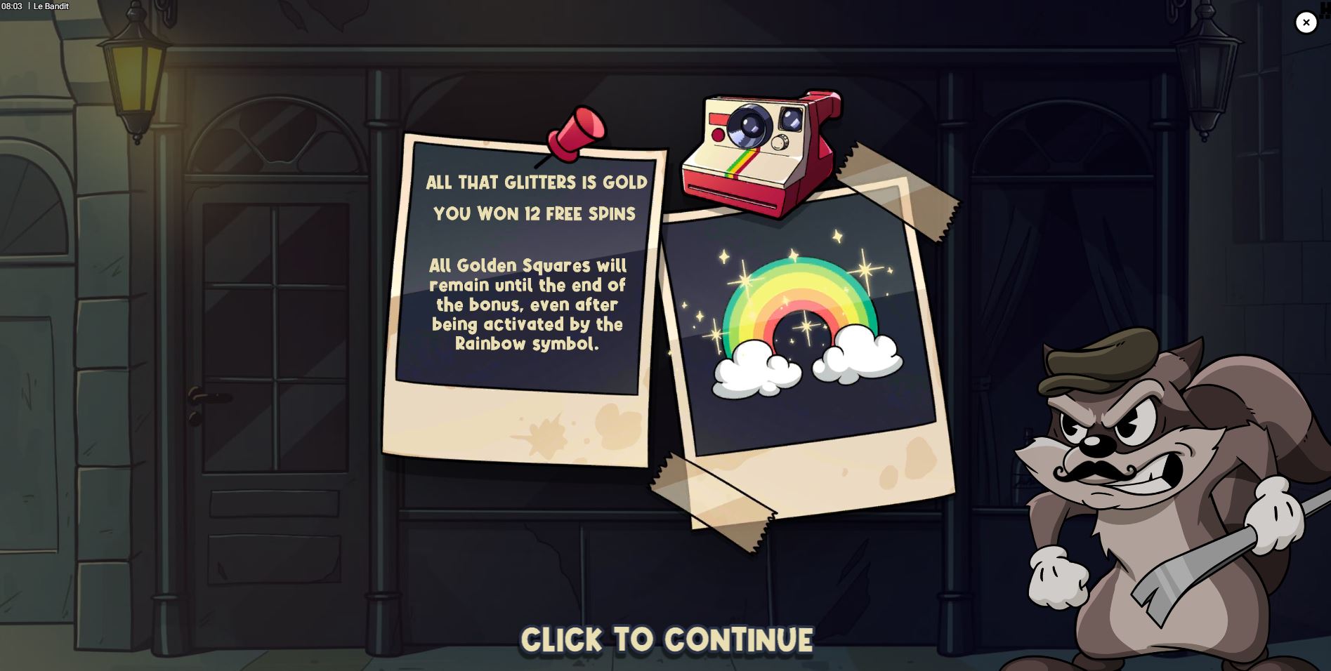 The splash screen for the All That Glitters Is Gold free spins bonus in the Le Bandit slot, showing 12 free spins are awarded.