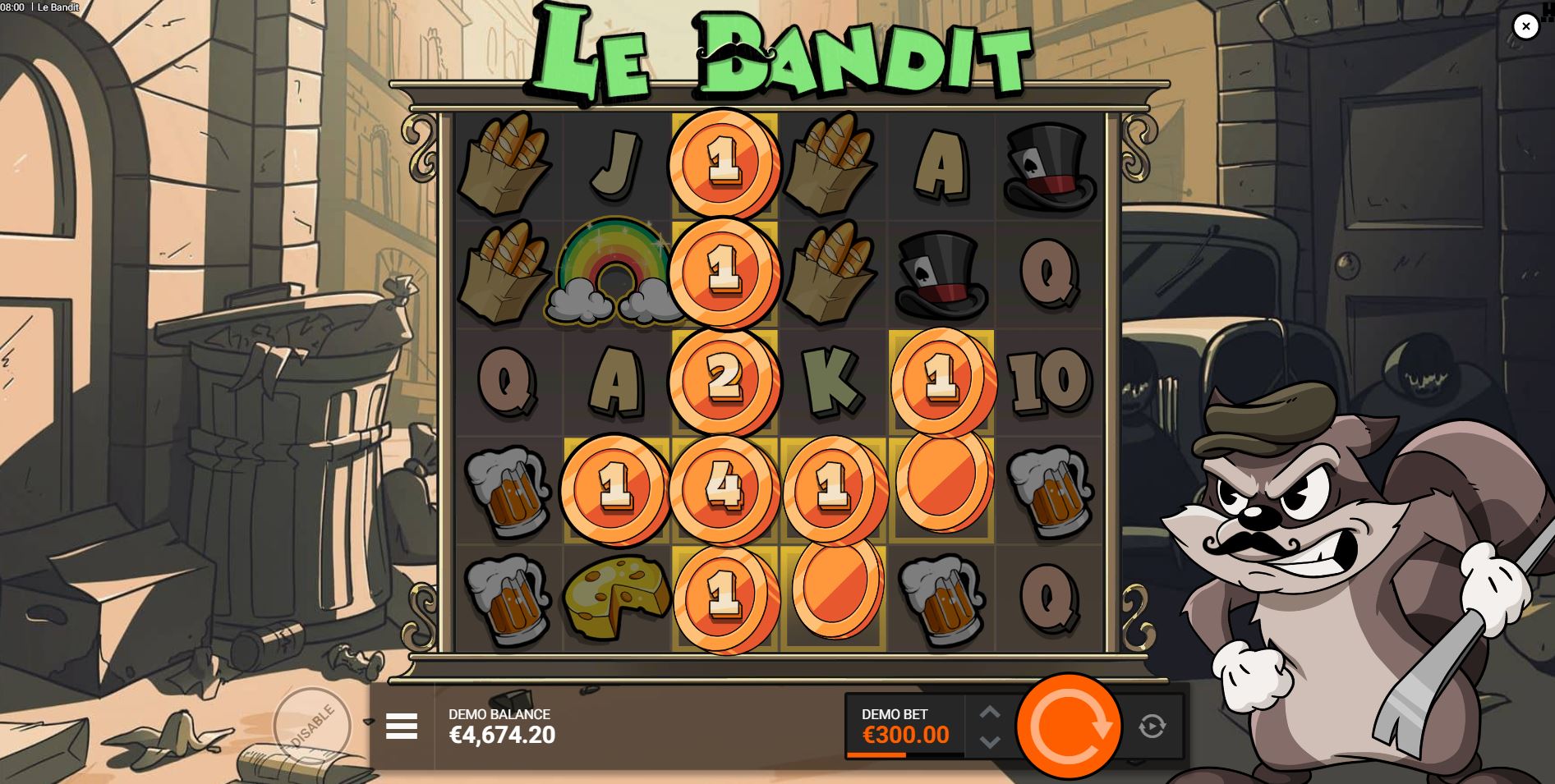 The Le Bandit slot grid is filled with highlighted Golden Squares, with a Rainbow symbol visible and about to trigger the coin reveal feature.