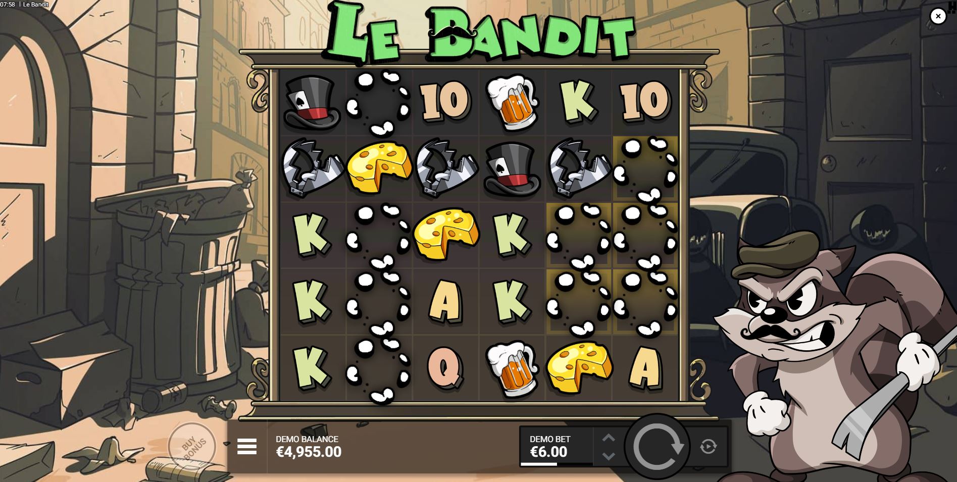The Super Cascades feature in action in the Le Bandit slot, showing all symbols of a winning type being removed from the reels at once.