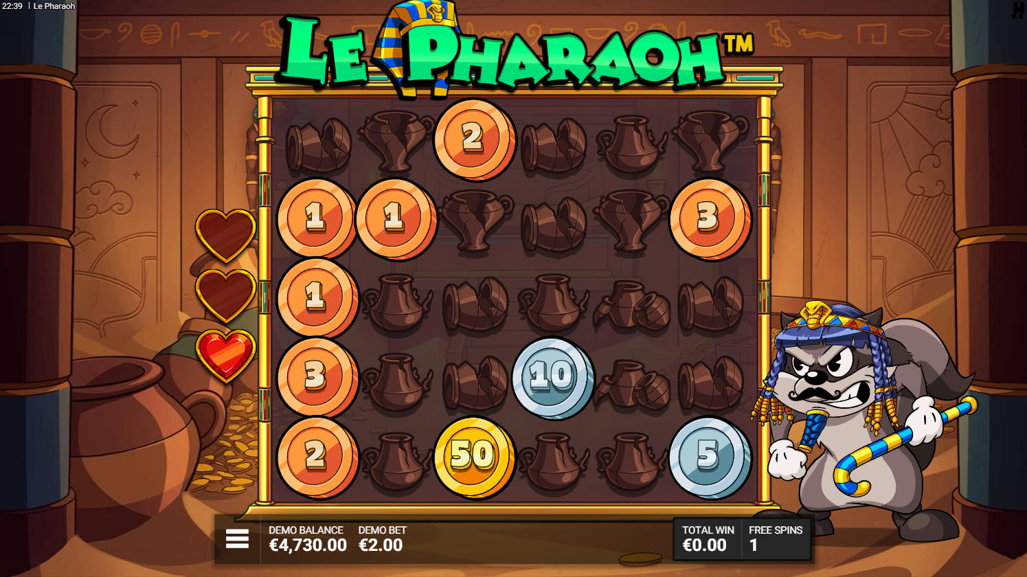 The gameplay grid during the Lost Treasures bonus in Le Pharaoh, showing sticky coins, dead symbols, and a Multiplying Stone Tablet about to boost a coin's value.