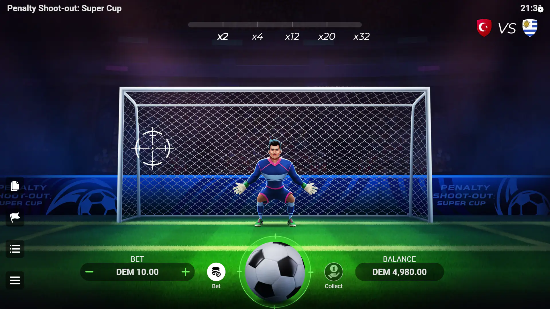 enalty Shoot-Out Super Cup main penalty screen with ball, goalkeeper, and core interface during active play