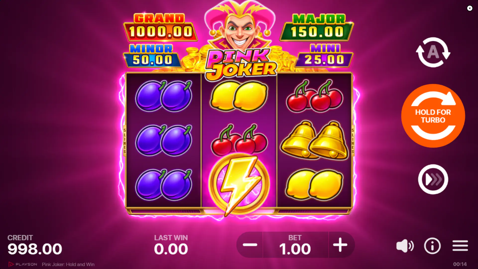 A 3x3 grid showing standard fruit and bell symbols across 5 paylines in the base game.