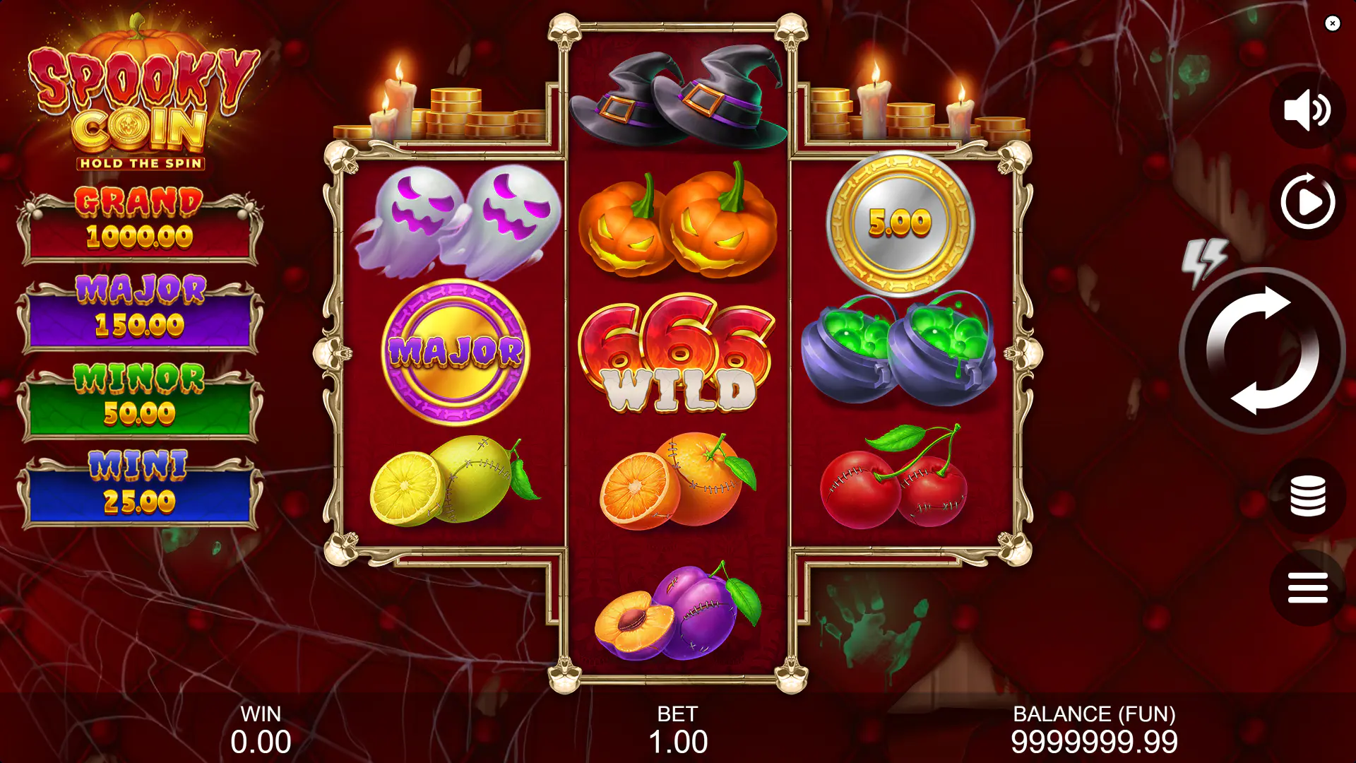 Spooky Coin base game screen with 3-5-3 reels, showing the Halloween layout players need to read before testing features