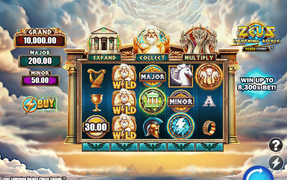 Main screen of Zeus Lightning Riches Power Combo slot showing the active reels layout and jackpot displays to check active balance options.