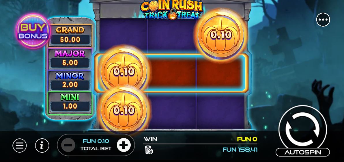 Base game screen of the Coin Rush: Trick o' Treat slot showing the 3x3 grid and Halloween theme.