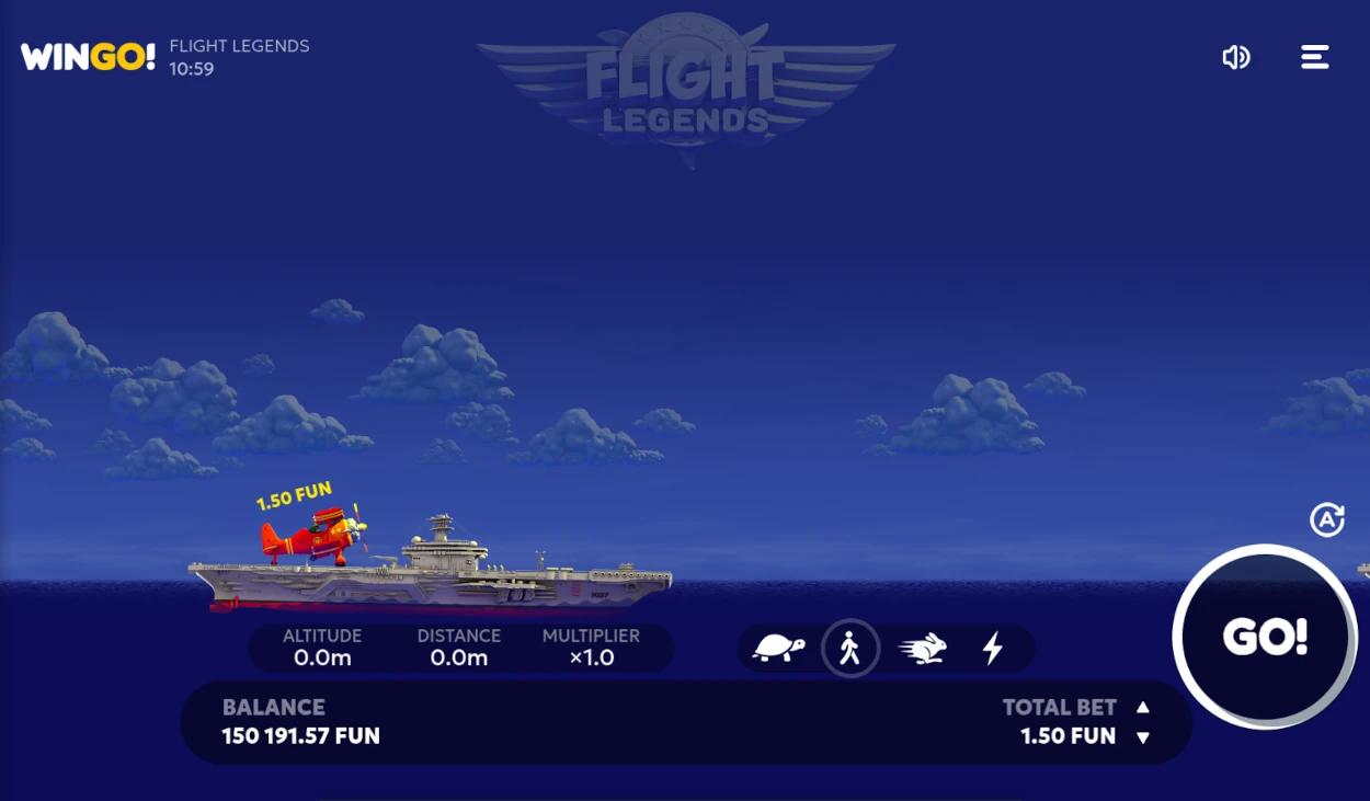 The base game screen of the Flight Legends demo, showing the red airplane ready for takeoff from an aircraft carrier at dusk.