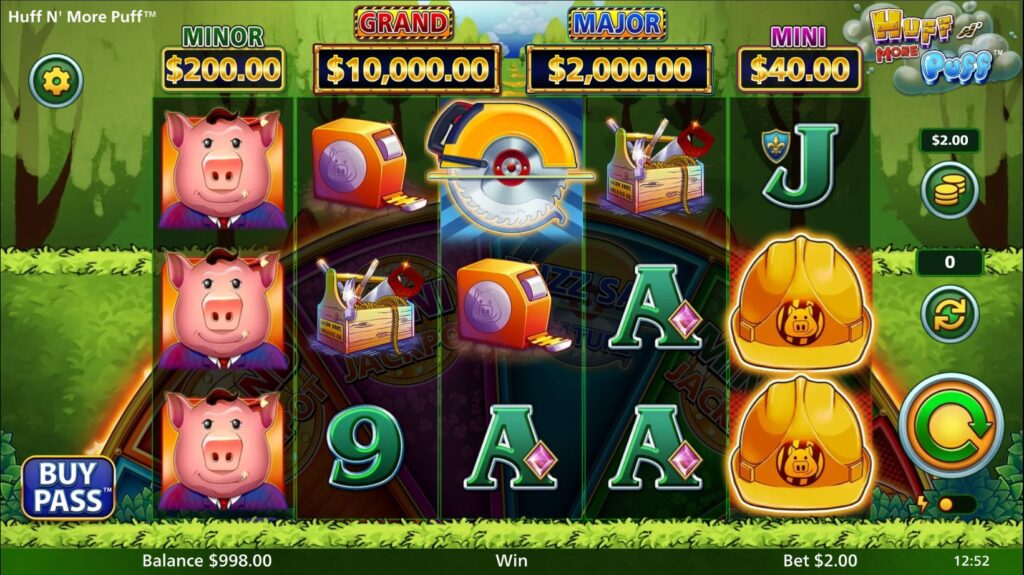Huff N More Puff slot interface showing the 5x3 reel grid, game symbols, jackpot meters, and controls.