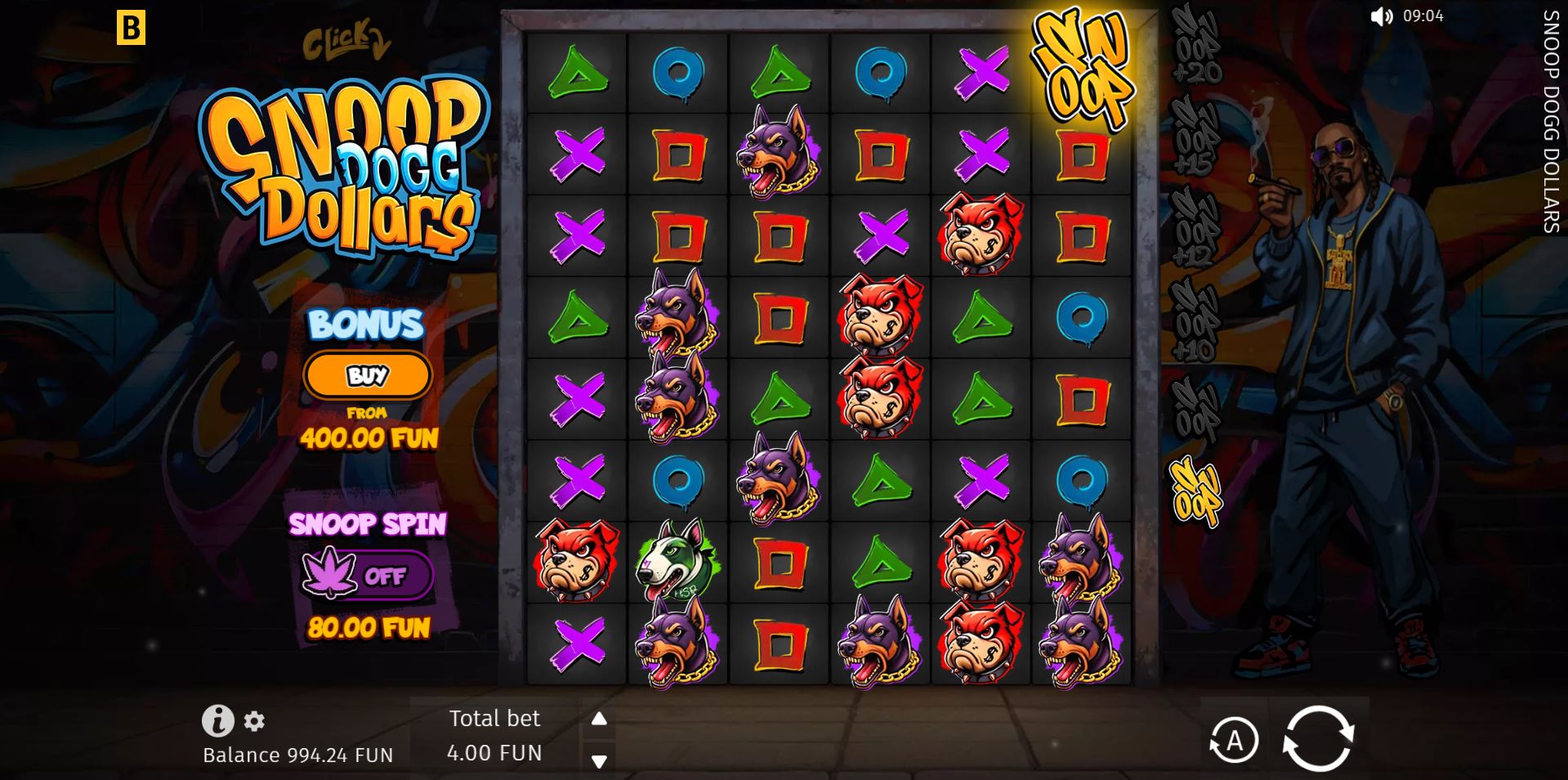 The main 6x8 game grid of the Snoop Dogg Dollars slot, featuring Snoop Dogg himself next to the reels with graffiti art in the background.
