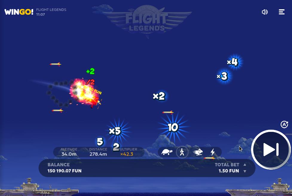 In-flight gameplay of Flight Legends, with the plane soaring through the sky as multiplier icons and explosions appear around it.