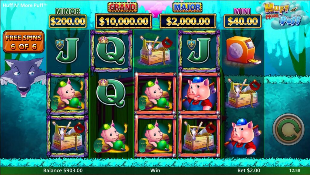 Gameplay during Huff N More Puff free spins feature, illustrating the Straw, Stick, and Brick frame upgrade mechanic on the reels.