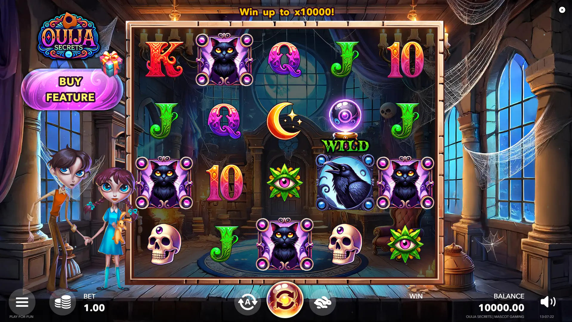 The 5x4 reel layout of the Ouija Secrets slot showing a winning combination of occult-themed symbols during the base game.
