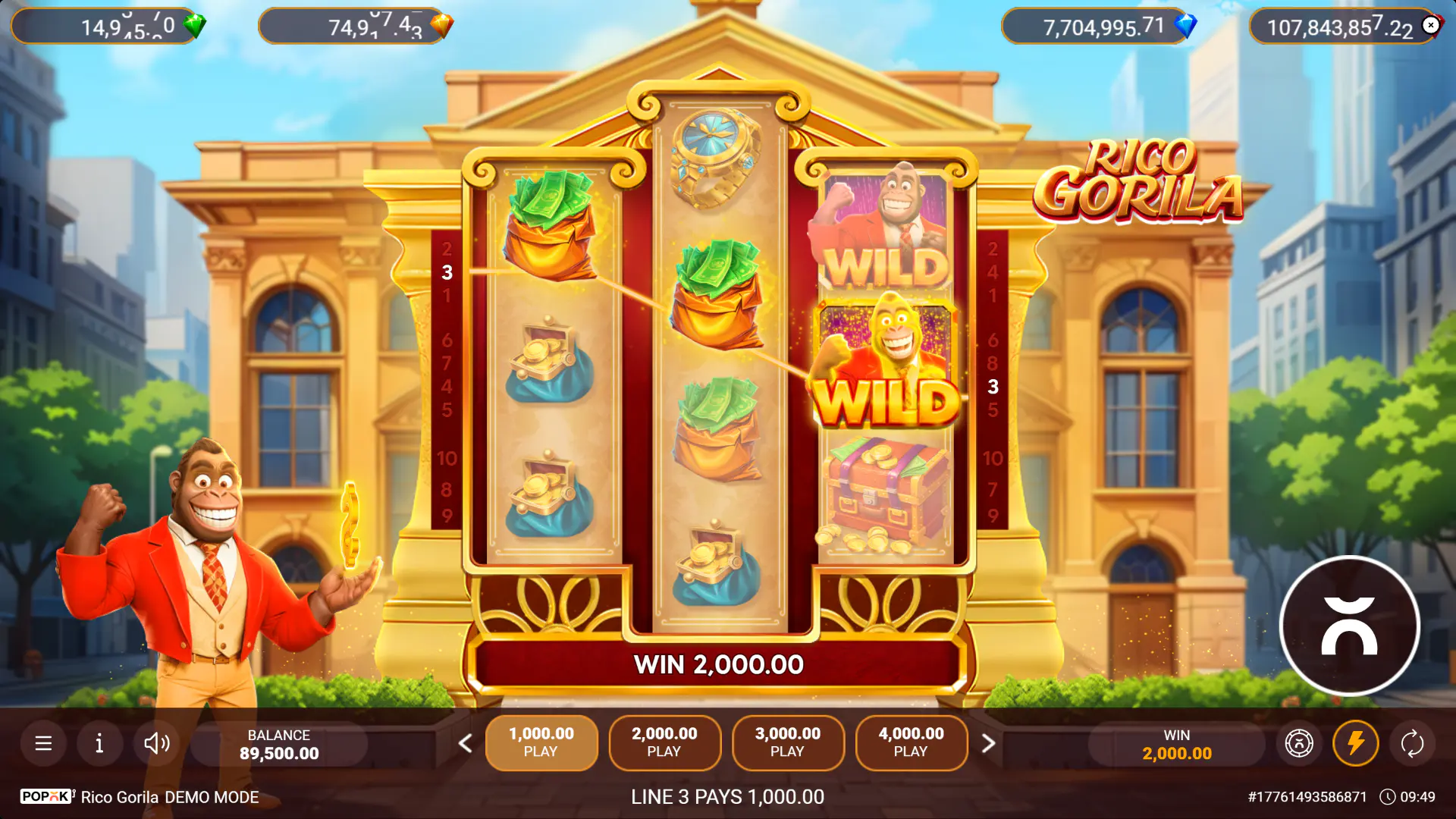 A massive 2,000 credit win on the Rico Gorila slot grid involving multiple Wild symbols.