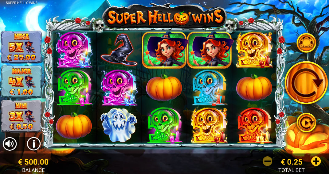 Main 5-reel gameplay matrix of Super Hell O'WINS slot showing neon skulls and pumpkin symbols to highlight the base payline structure for players.
