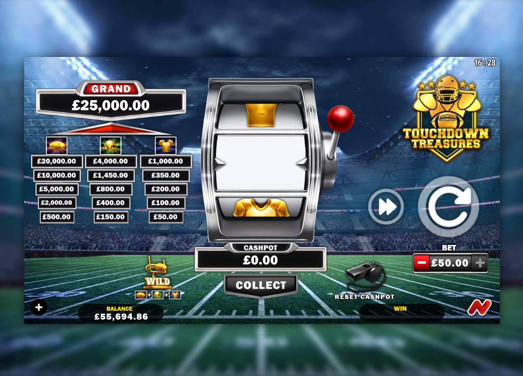 Main screen of Touchdown Treasures slot showing the 1x1 reel and empty football progression ladders for starting a new session.