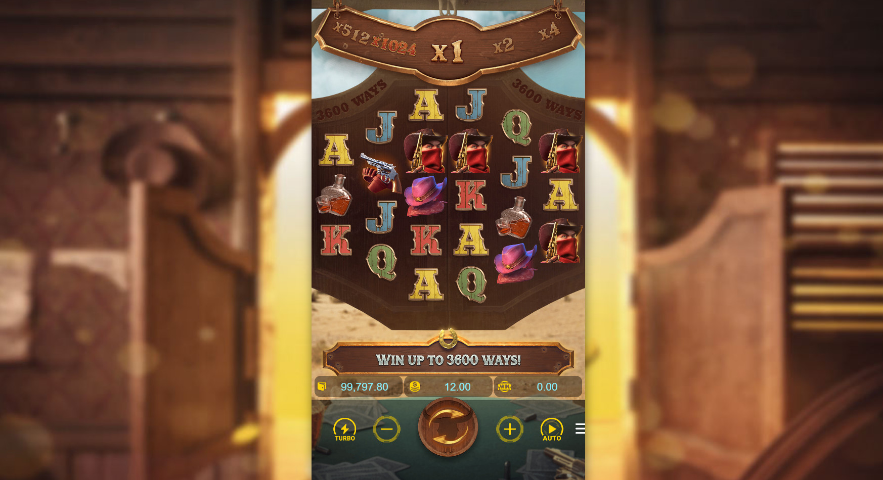 The unique 3-4-5-5-4-3 reel layout of the Wild Bounty Showdown slot, showing the game's main character and western symbols, which is crucial for its 3600 ways to win mechanic.