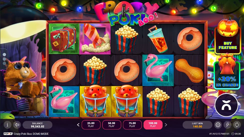 The main 5x3 game screen of the Crazy Poki Boo! slot, showing the bizarre mix of Halloween and carnival symbols.