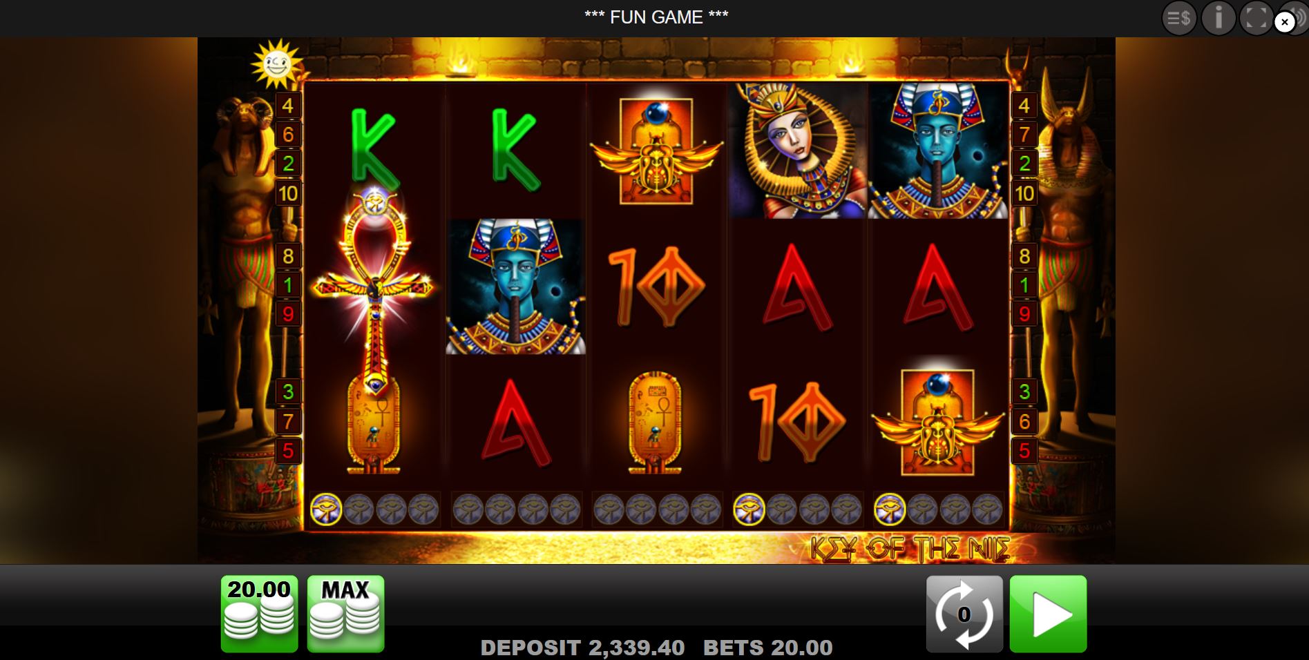 The main 5x3 game grid of the Key of the Nile slot, showing the Egyptian-themed symbols and the Horus eye collection meters below the reels.