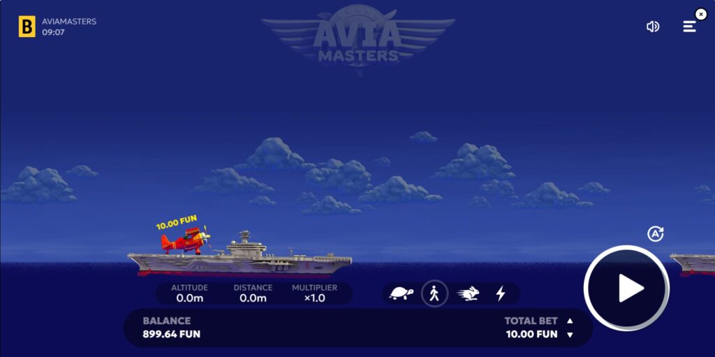 Main game interface of Aviamasters by BGaming, showing the red plane on an aircraft carrier, bet controls, and speed settings.