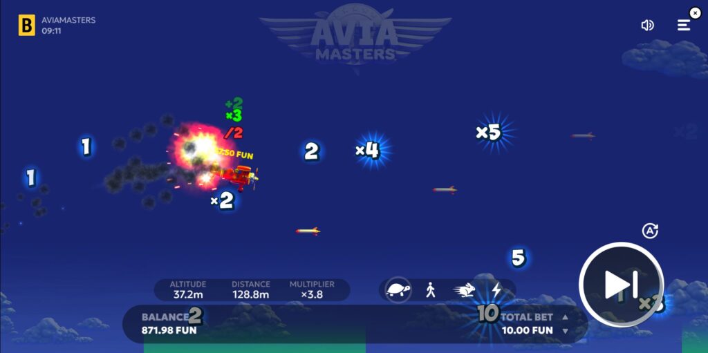 Screenshot of the Aviamasters plane hitting a rocket hazard, showing the explosion effect and altitude reduction.