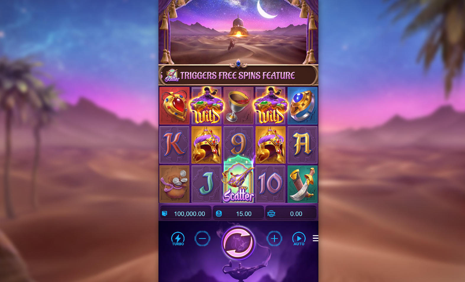 The main game grid of Genie's 3 Wishes slot on a 5x3 layout, showing the Arabian-themed symbols and the powerful Genie character beside the reels.