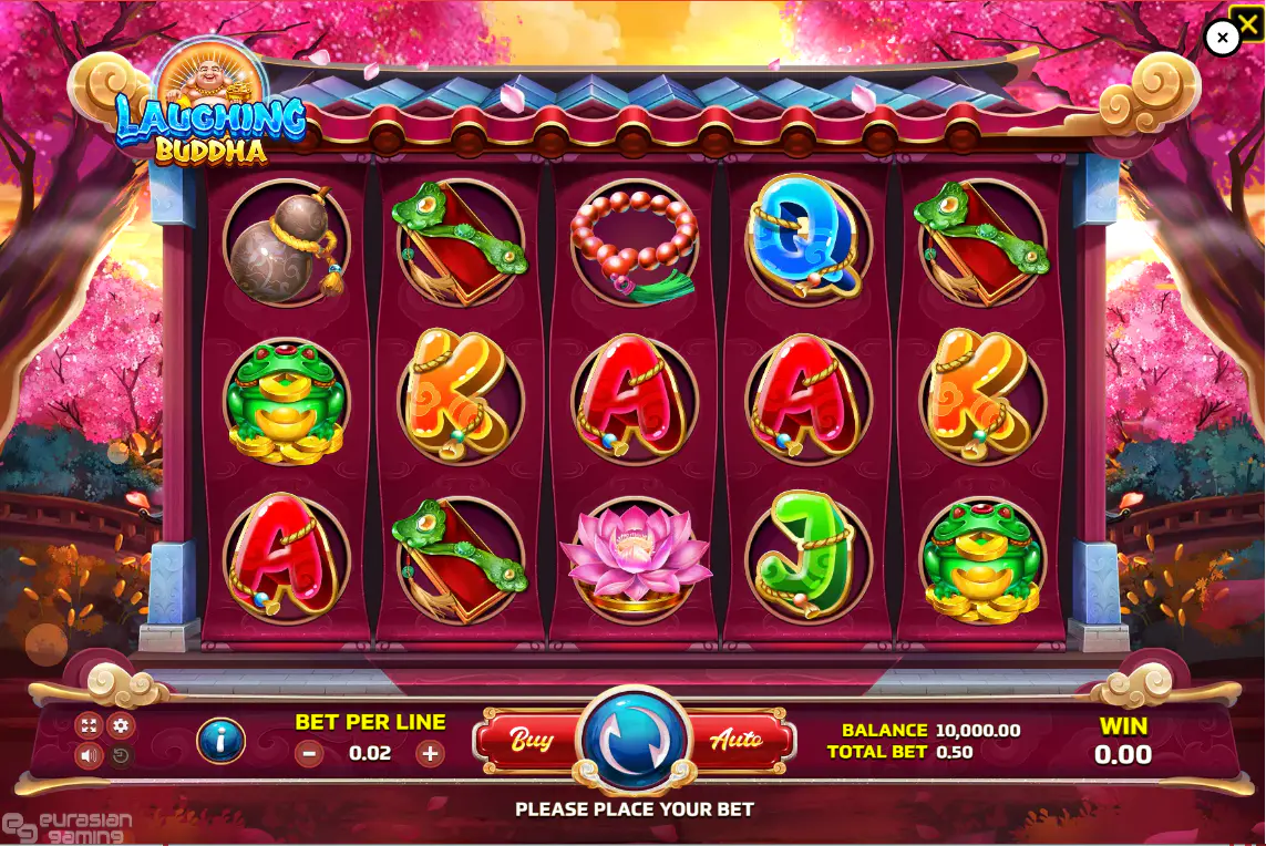 Laughing Buddha base screen with a 5x3 reel set and 25 fixed paylines, showing the slot’s starting layout