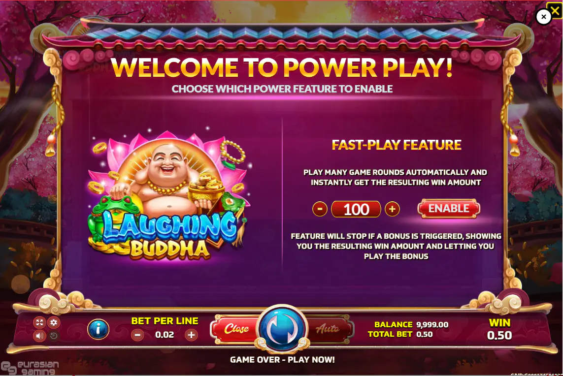 Laughing Buddha Power Play menu with Fast-Play settings and a selectable batch of rounds