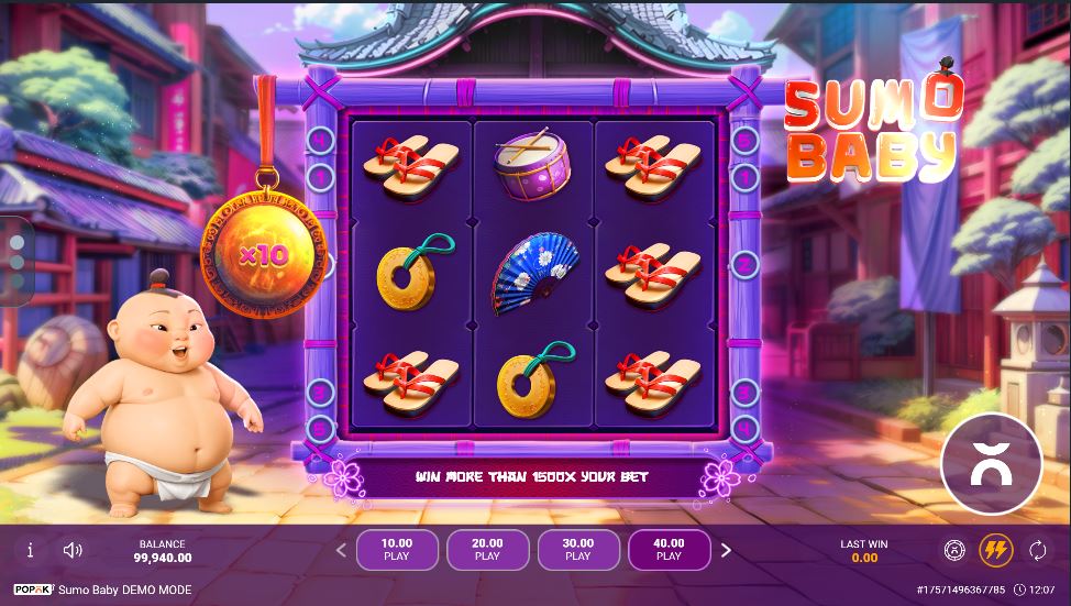 Sumo Baby slot base game screen with 3x3 reels and multiplier feature.