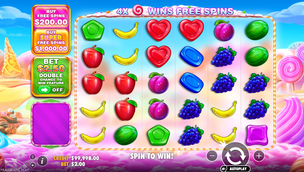 Full 6x5 grid of Sweet Bonanza 1000 showcasing a large cluster of Red Heart symbols triggering a 50x payout.