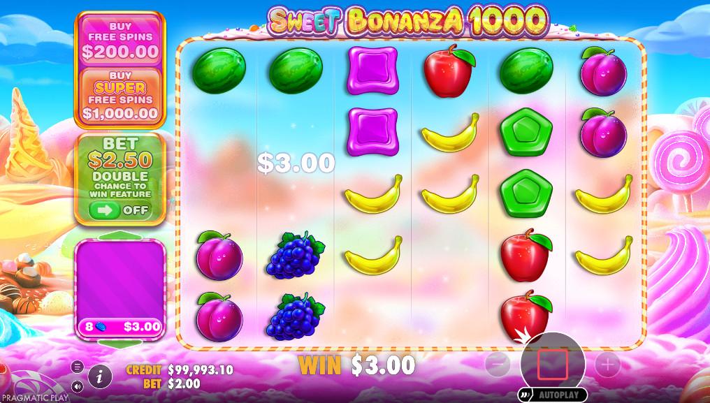 Tumble Feature animation in Sweet Bonanza 1000 as winning candies explode to make room for new symbols.