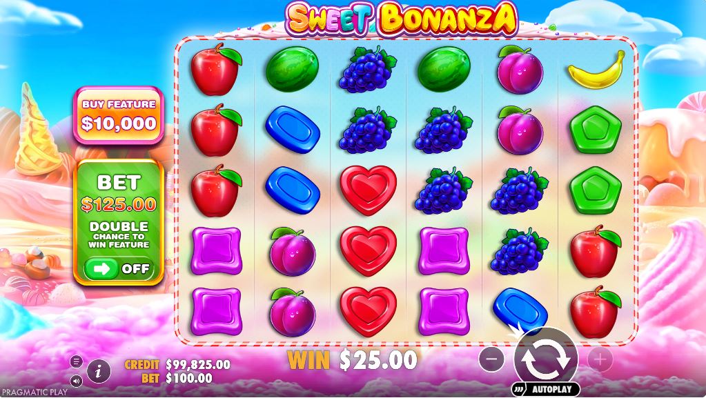 The main game screen of the Sweet Bonanza slot, showing the vibrant candy-themed landscape.
