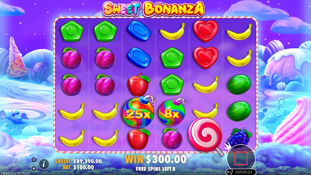 A big win in Sweet Bonanza's free spins round with a high-value multiplier bomb on the screen.