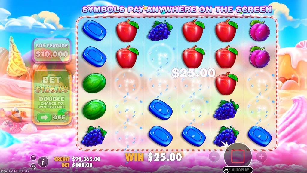 A winning combination disappears during the Tumble Feature in the Sweet Bonanza game.