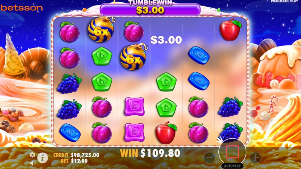 Sweet Bonanzasson Free Spins round showcasing a Sugar Bomb multiplier symbol on the reels.